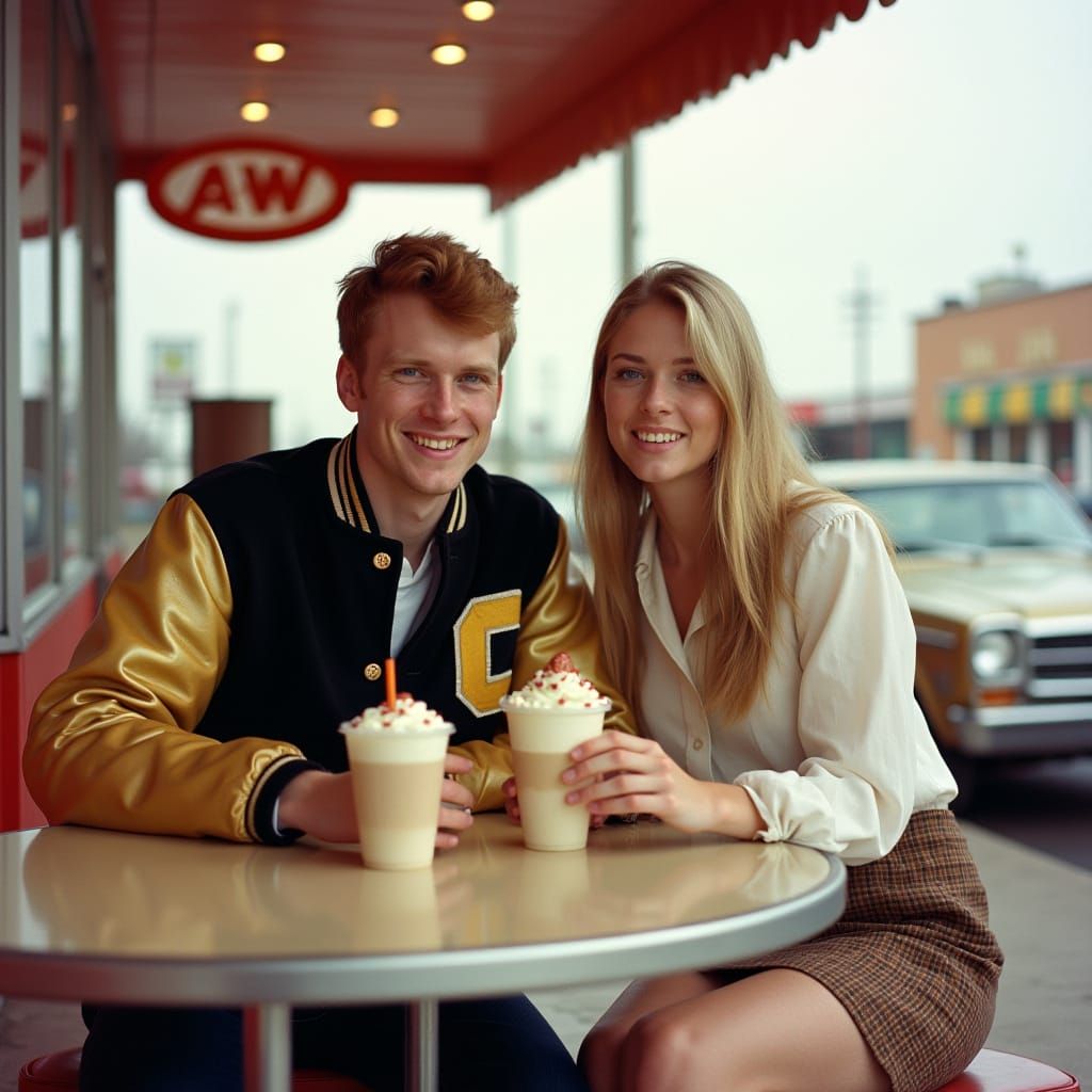 1972 A&W Drive-In Couple Enjoying Chili Dogs