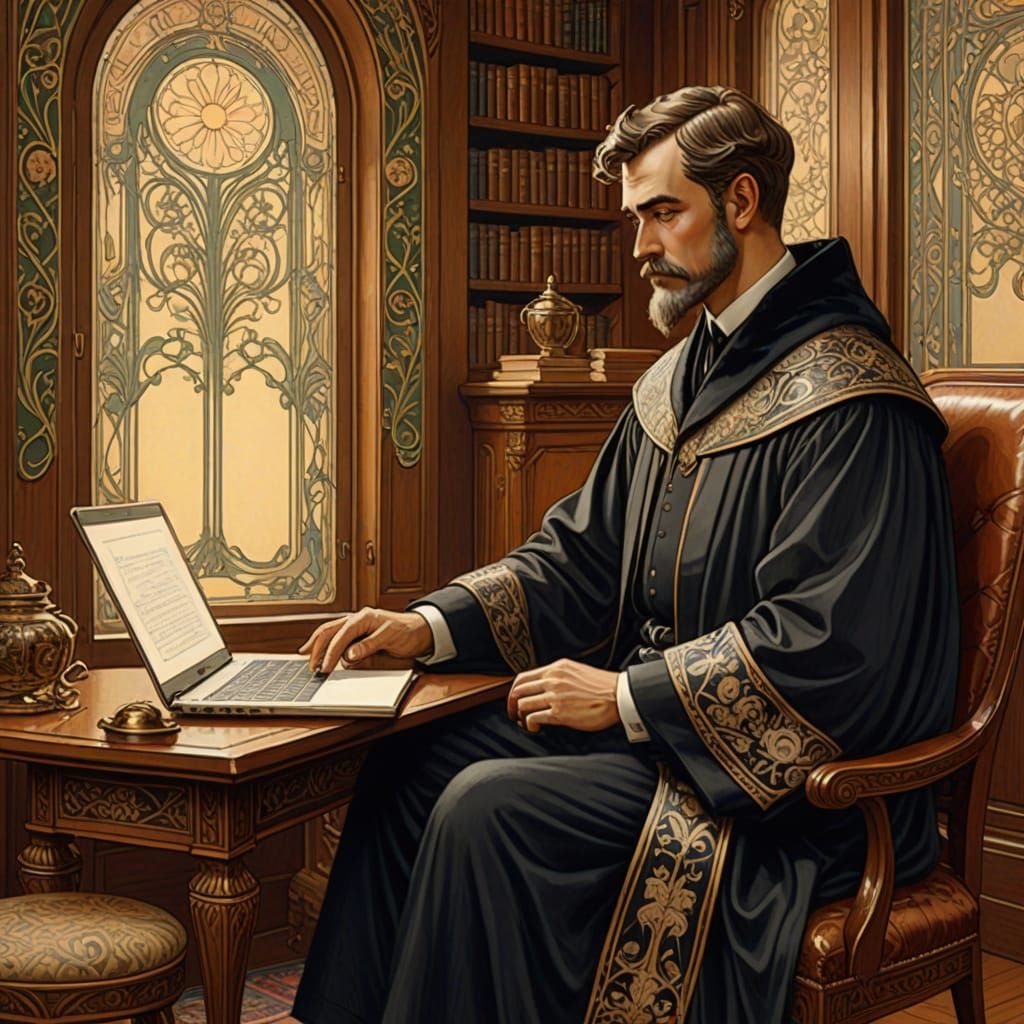 Art Nouveau Scholar with Laptop: Intricate Details
