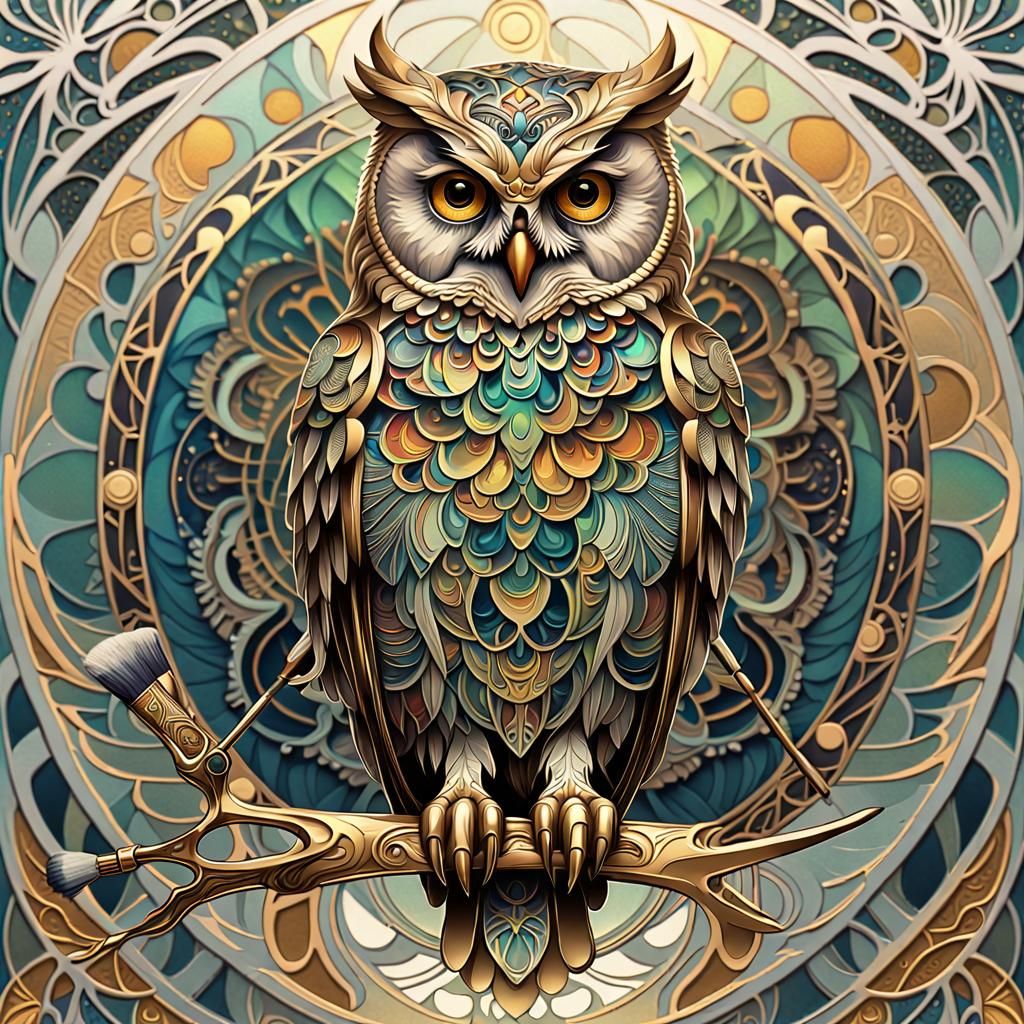 Art Nouveau Owl with Paintbrush