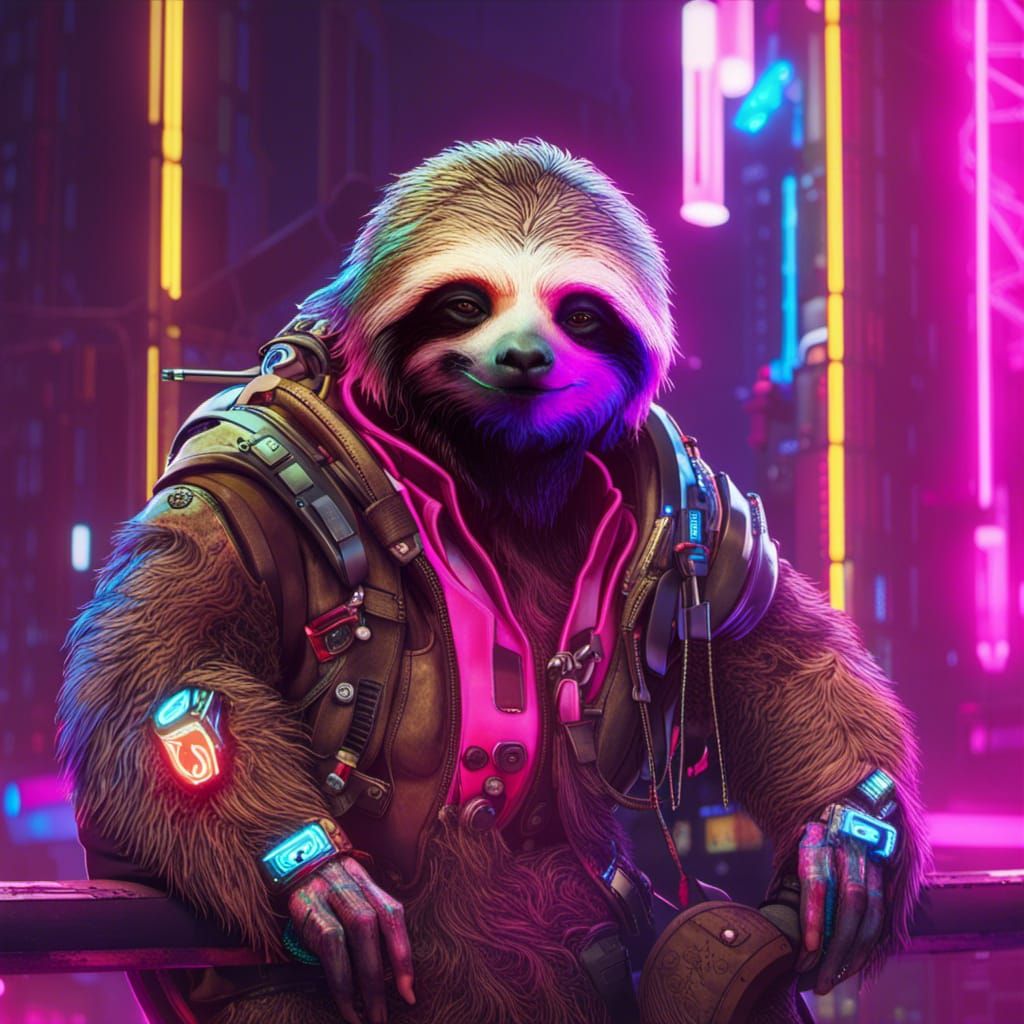 Cybernetic Sloth in Neon Cyberpunk City