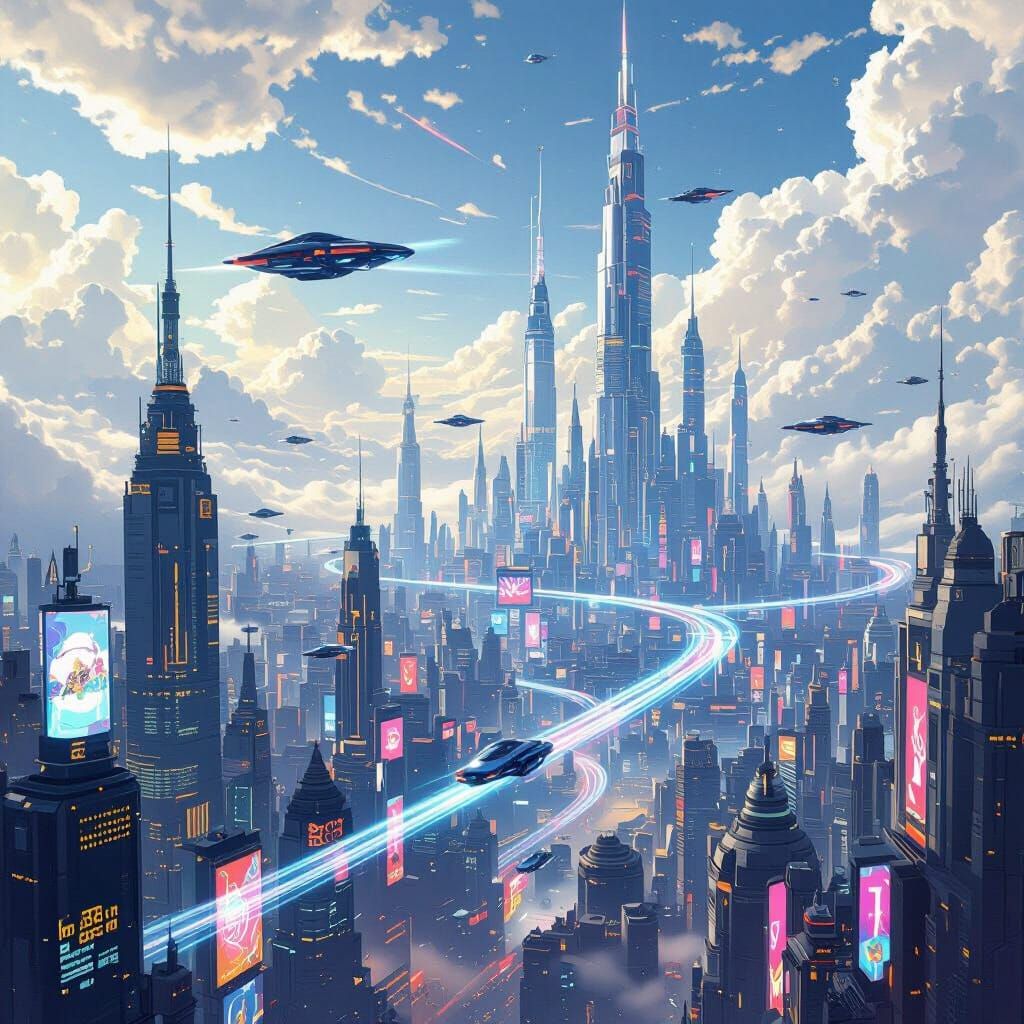 Futuristic Cityscape with Flying Vehicles and Holographic Li...