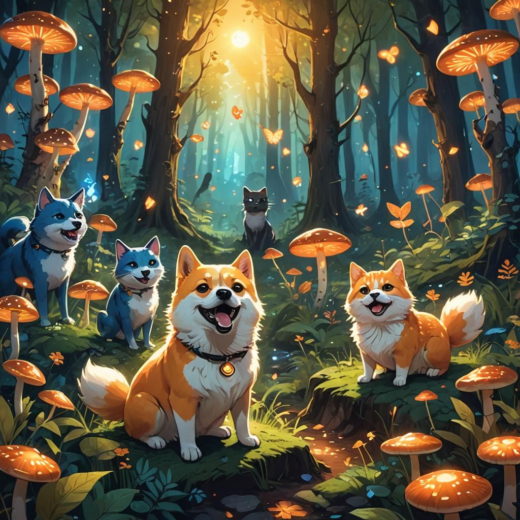 Cartoon Dog and Cat Duet in Enchanted Forest