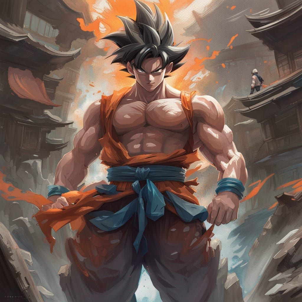 Goku Portrait in Japanese Landscape, Digital Art