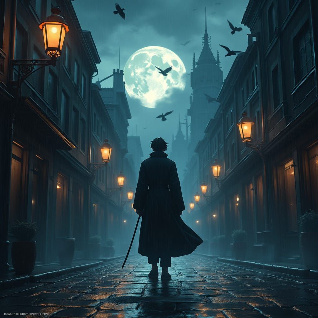 Dark Anime Fantasy Scene: Lone Swordsman Under Vintage Stree...