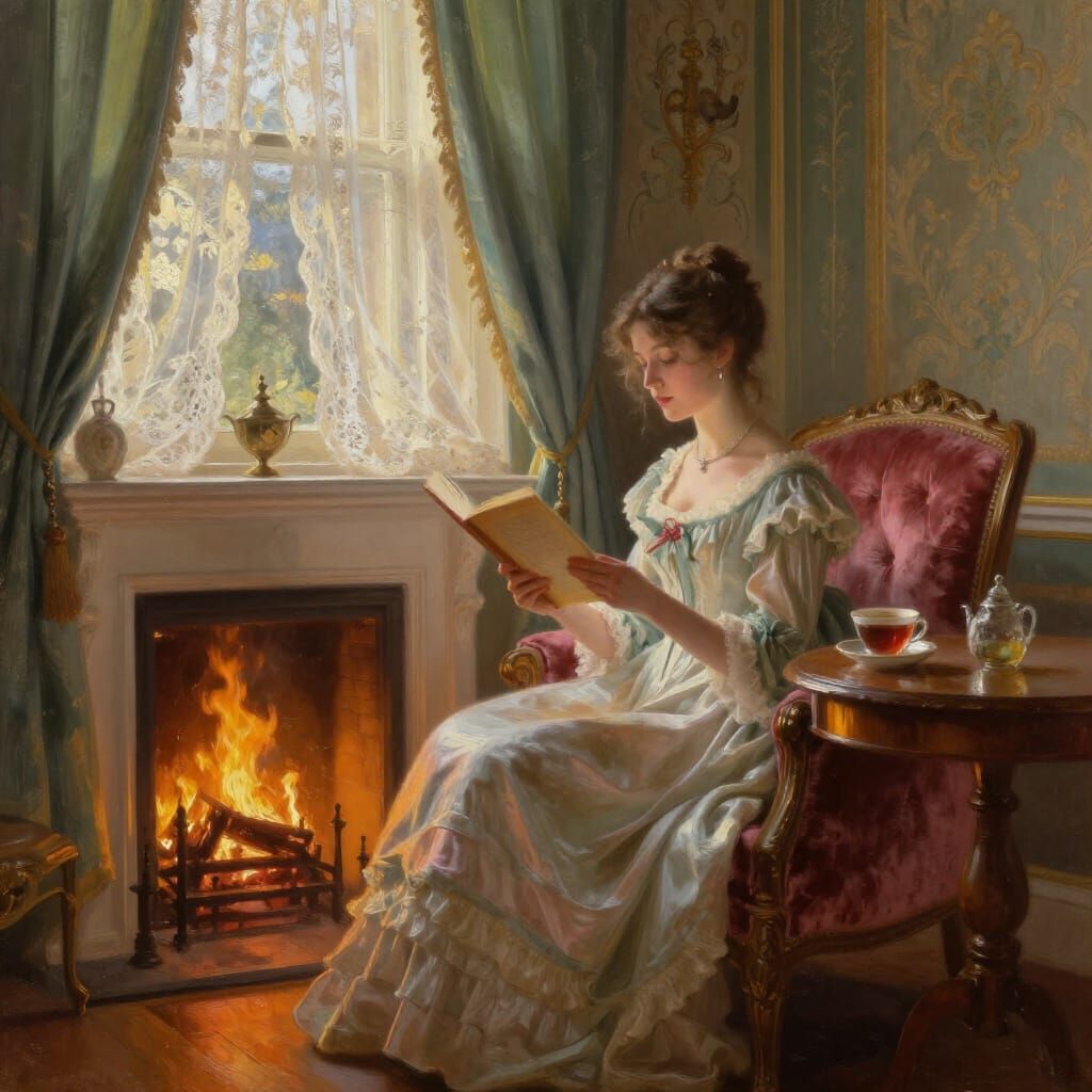 Regency Drawing Room Scene in Soft Oil Painting Style