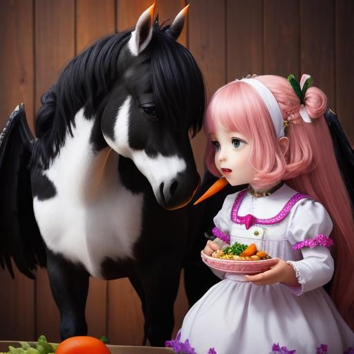 Girl Feeding Black Winged Unicorn a Carrot