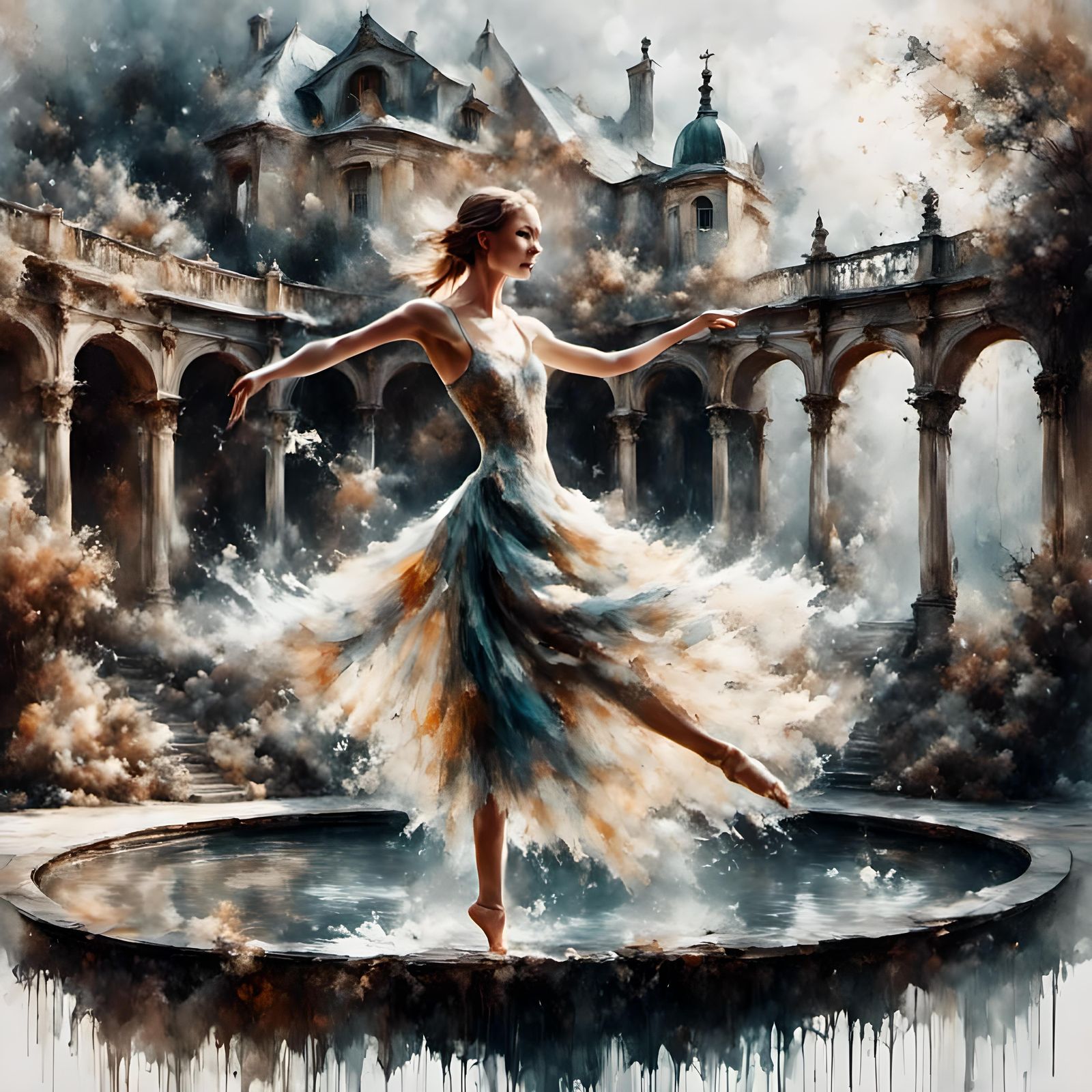 <lora:my face:1.0>impressionist oil painting of a beautiful and graceful ballerina dance, dancing on a courtyard foundat...