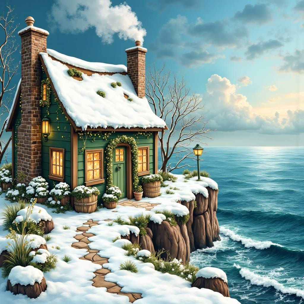 <lora:St Patrick in Love:1.0> vibrant winter scene with a joyful house situated on a cliff overlooking the sea. The pain...