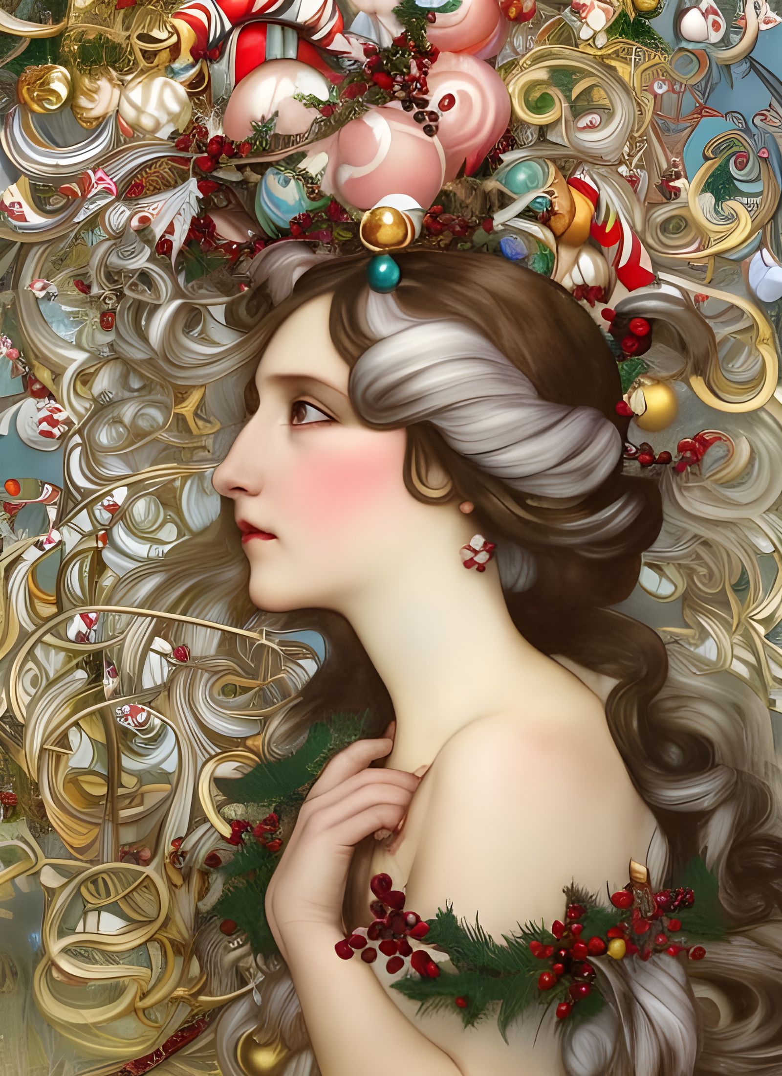Candy Cane Christmas Queen Portrait in Art Nouveau Style