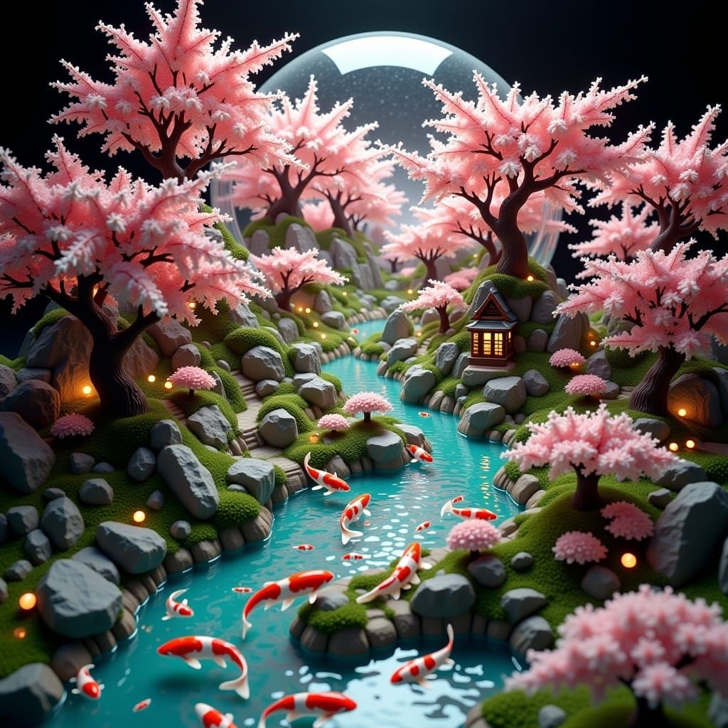 Japanese Garden in Crystal Ball, Syd Mead Style