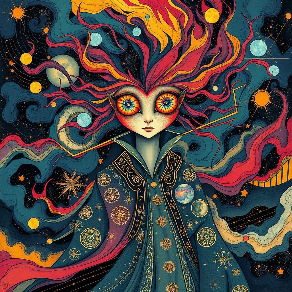 Cosmic Being with Galaxy Eyes in Abstract Style