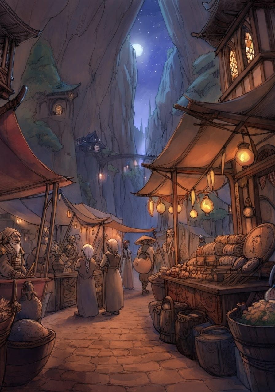 Gnome Merchant in Whimsical Fantasy Night Market