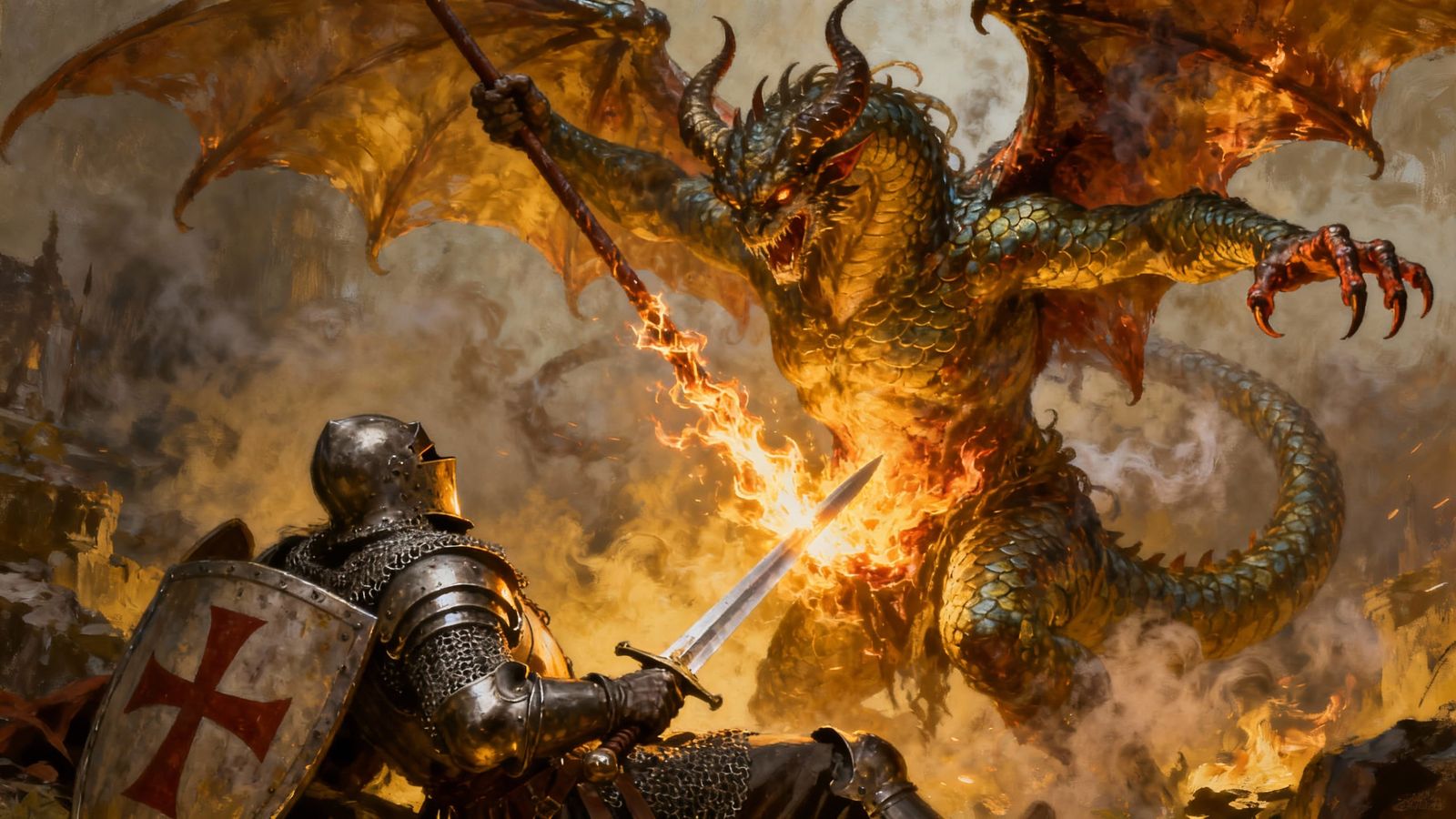 Wounded Knight Battles Fiery Winged Demon