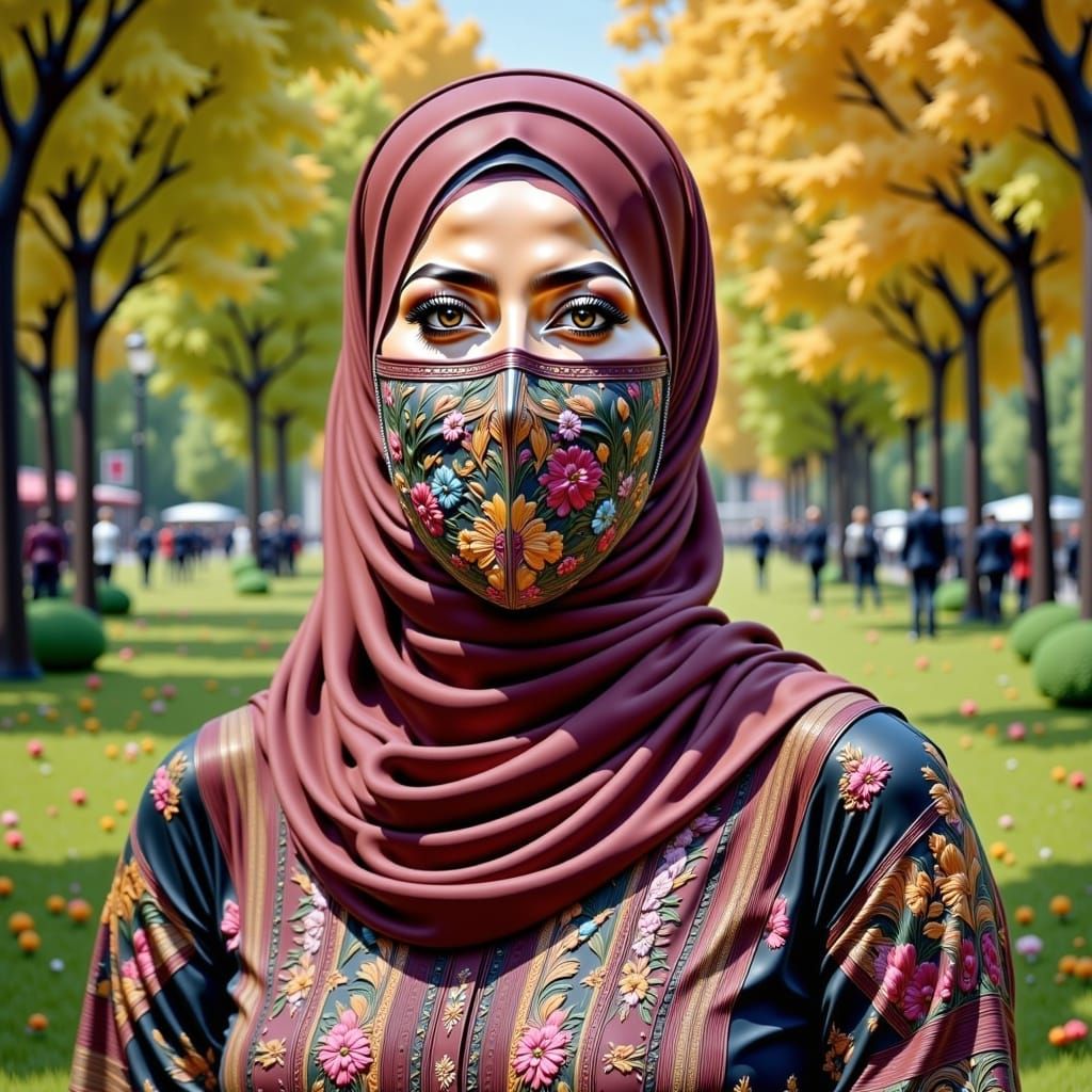 Woman in Hijab and Facemask in City Park