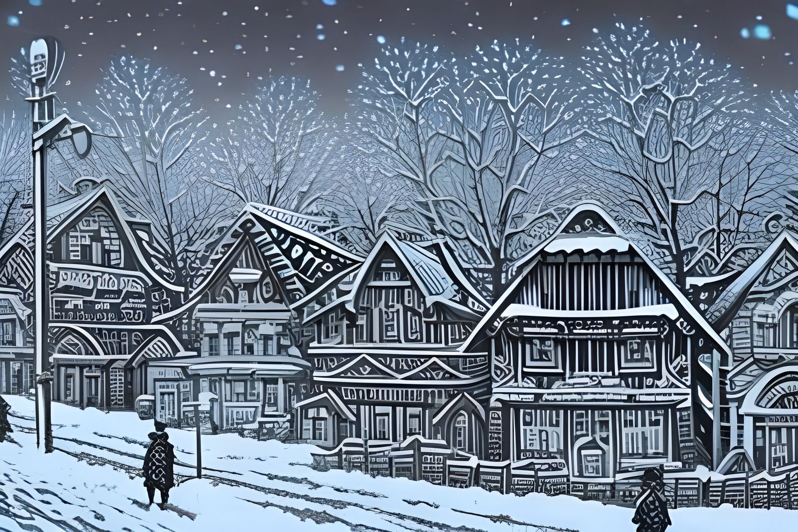 Crowded Snowy Street with Intricate Details
