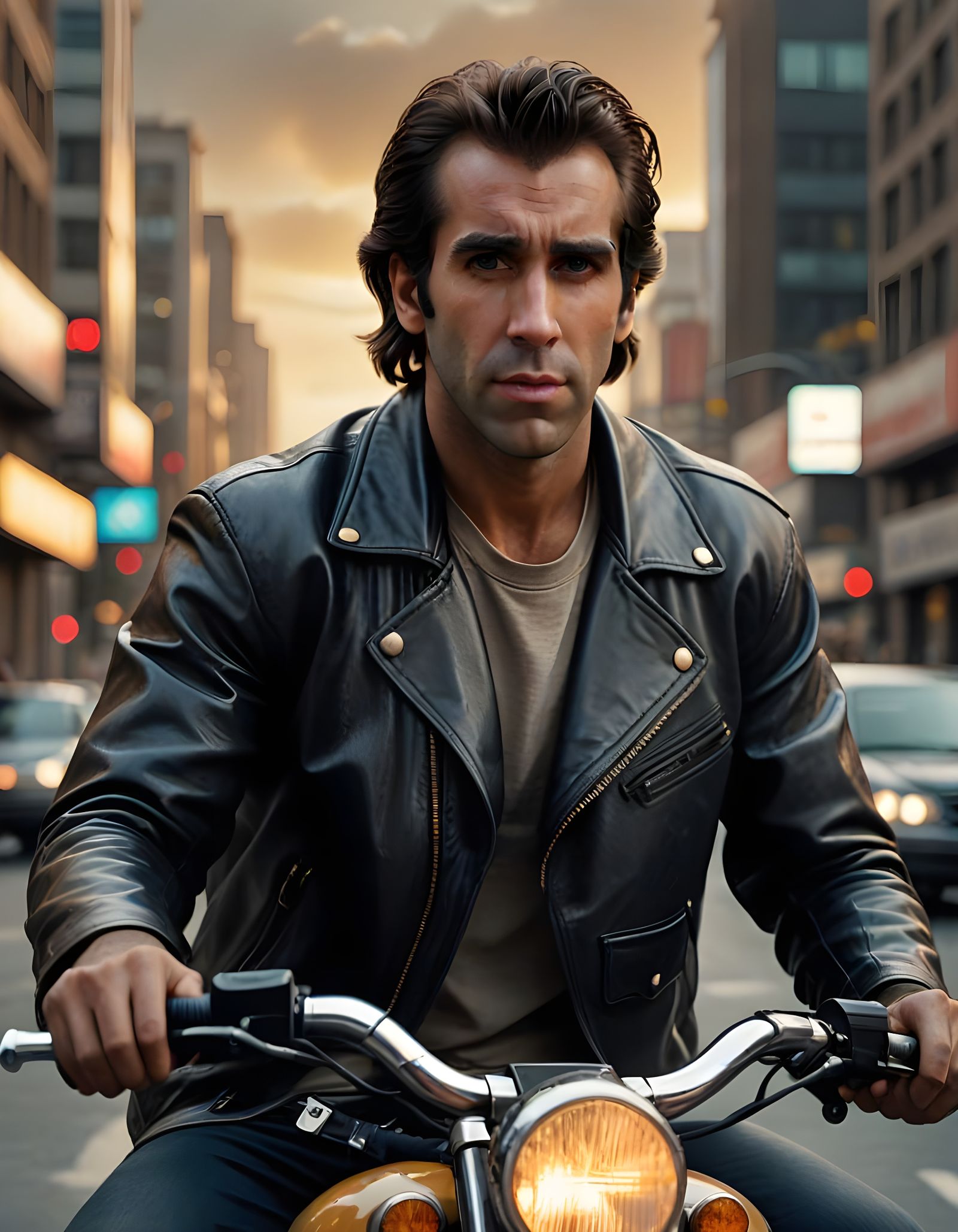 Fonzie Cruising Modern City Streets