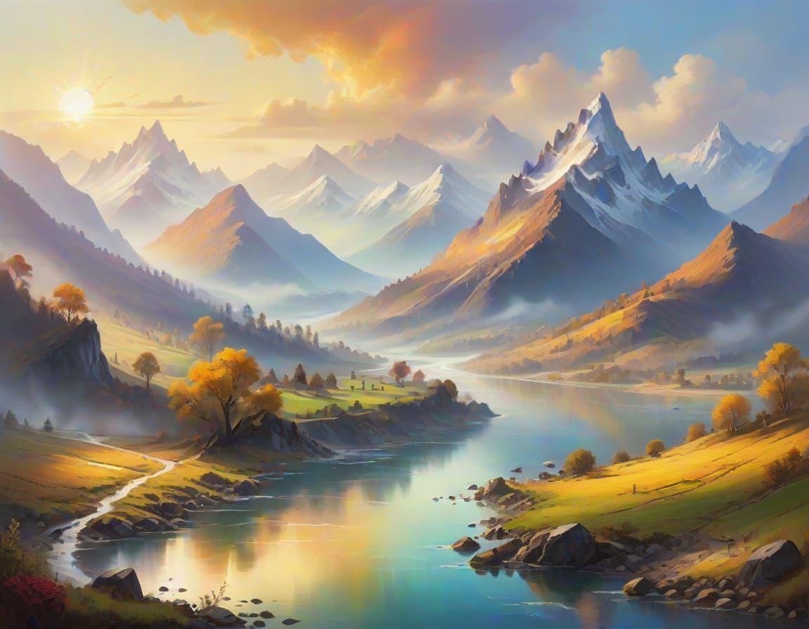 Dreamy Mountain River Landscape Oil Painting