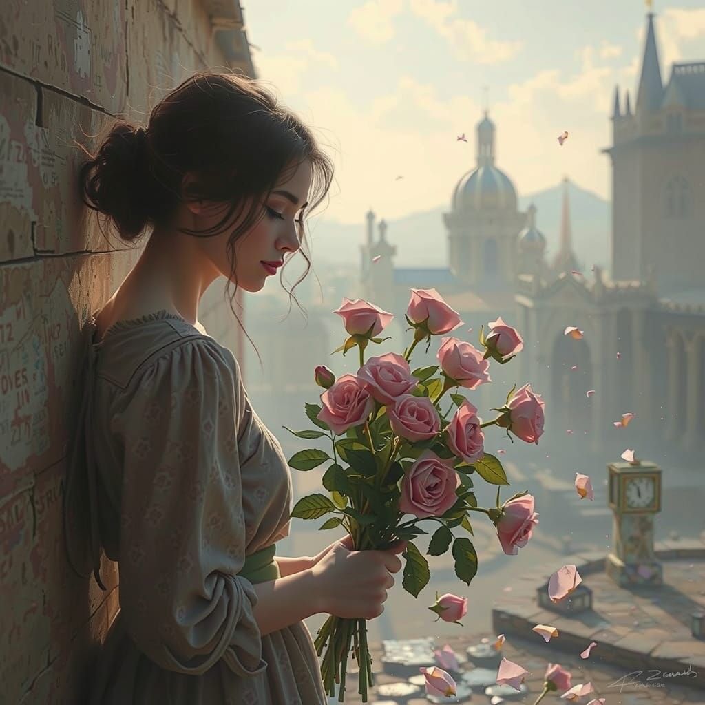 Melancholy Woman with Crumbling Roses in Surreal Art