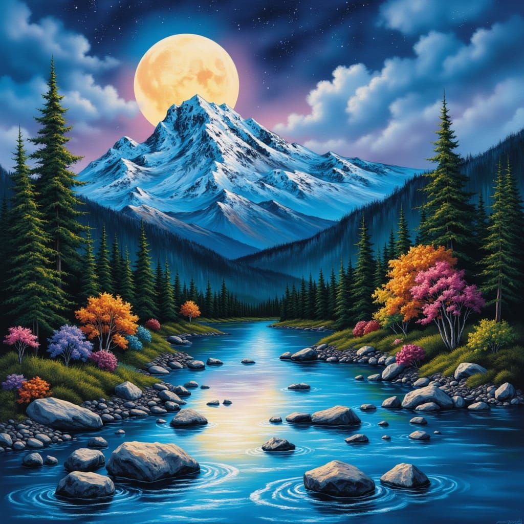 Majestic Moonlit Mountain River Landscape in Bob Ross Style