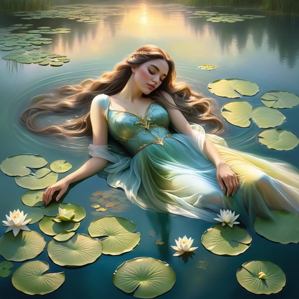Woman Sleeping on Lily Pad in Ethereal Landscape
