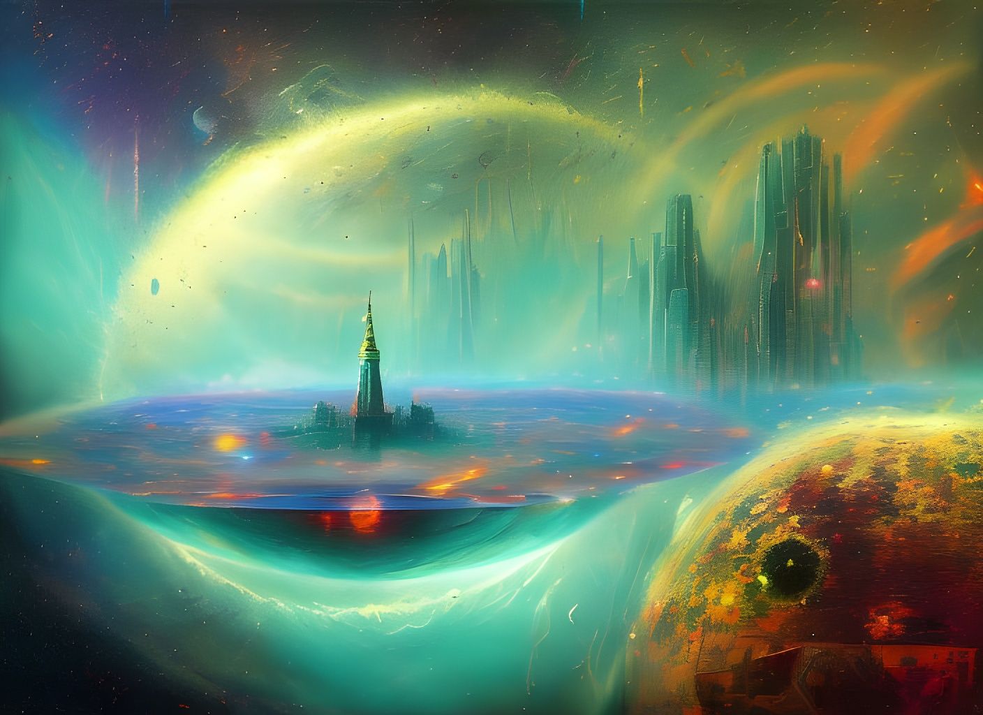 Colorful Space Cityscape with Waterfalls
