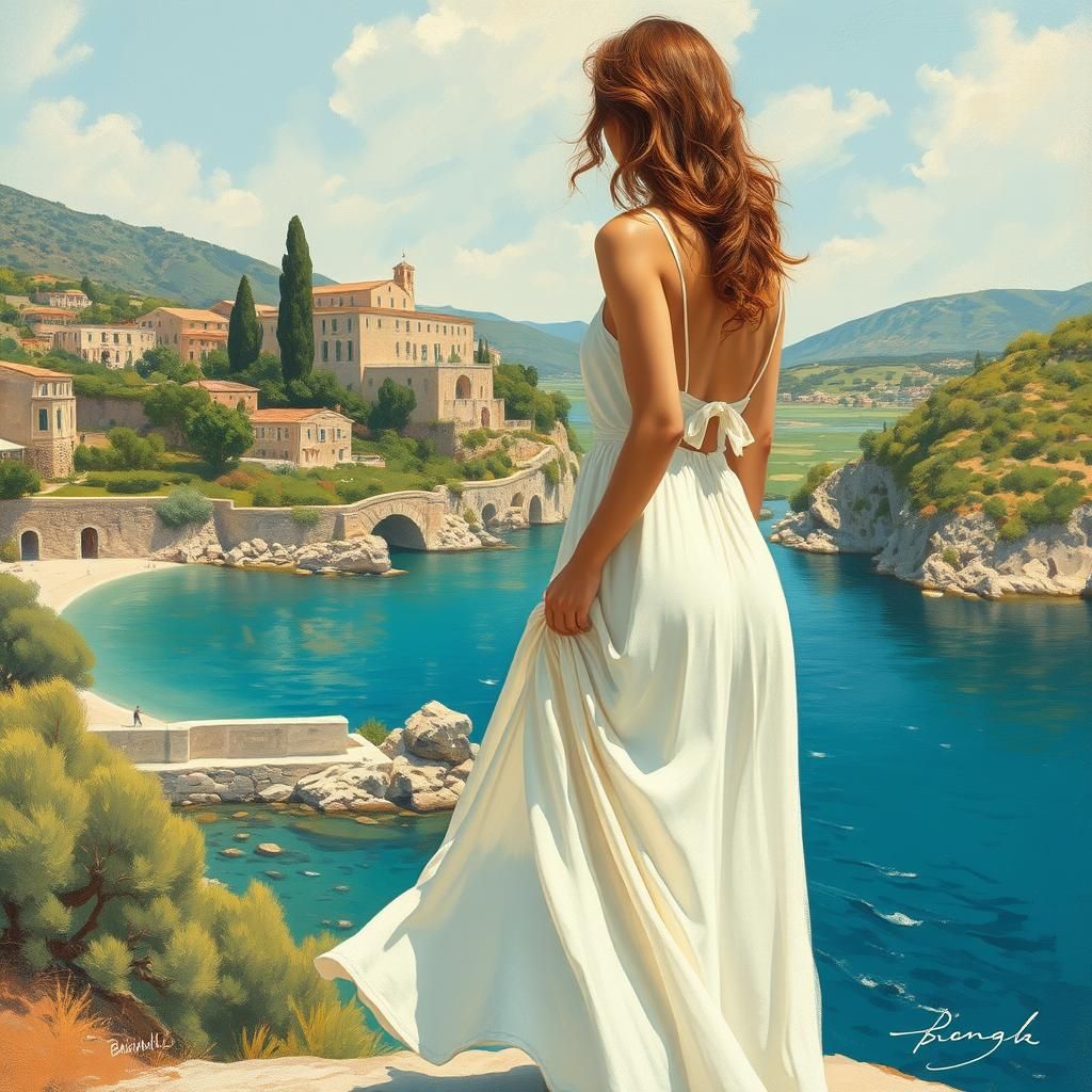 Mediterranean Woman in Impressionist Seaside Landscape