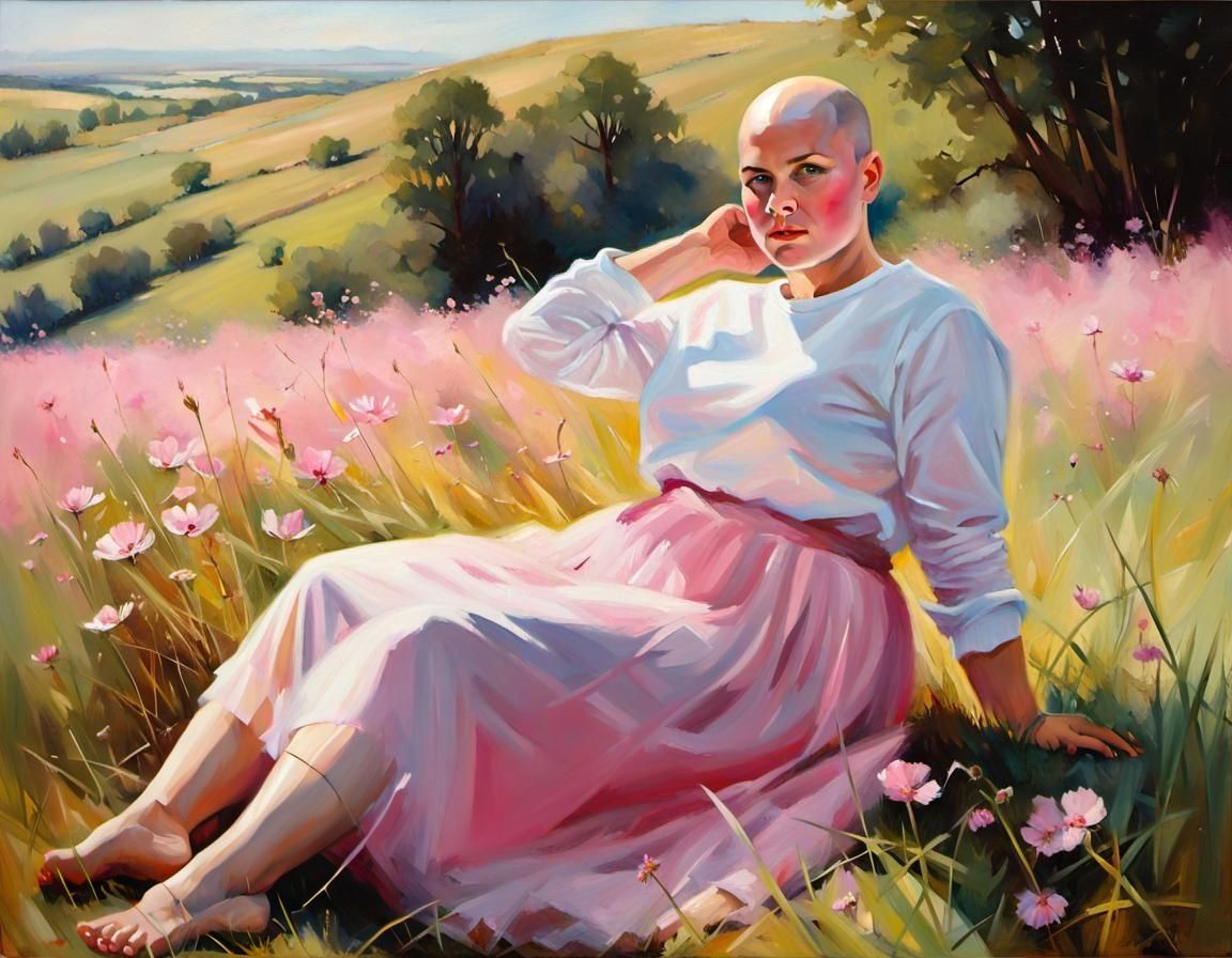 Hyperrealistic Oil Painting: Bald Woman in Cosmea Field
