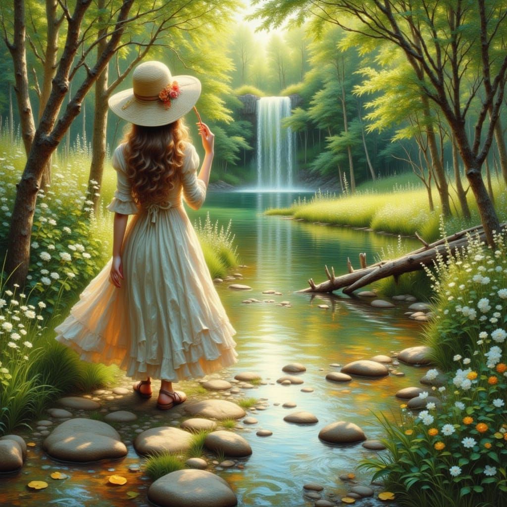Girl Strolling by River in Impressionist Oil Painting Style
