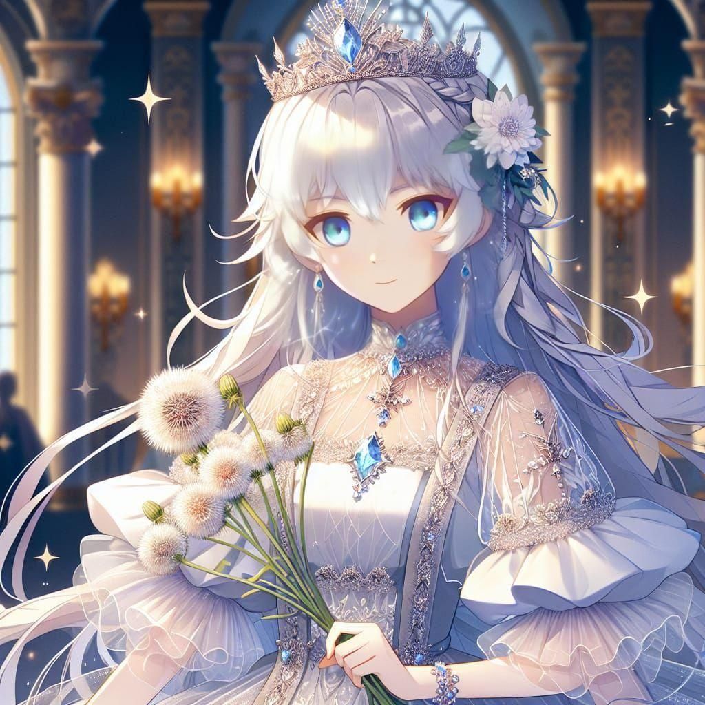 Anime Queen with Dandelions in Palace