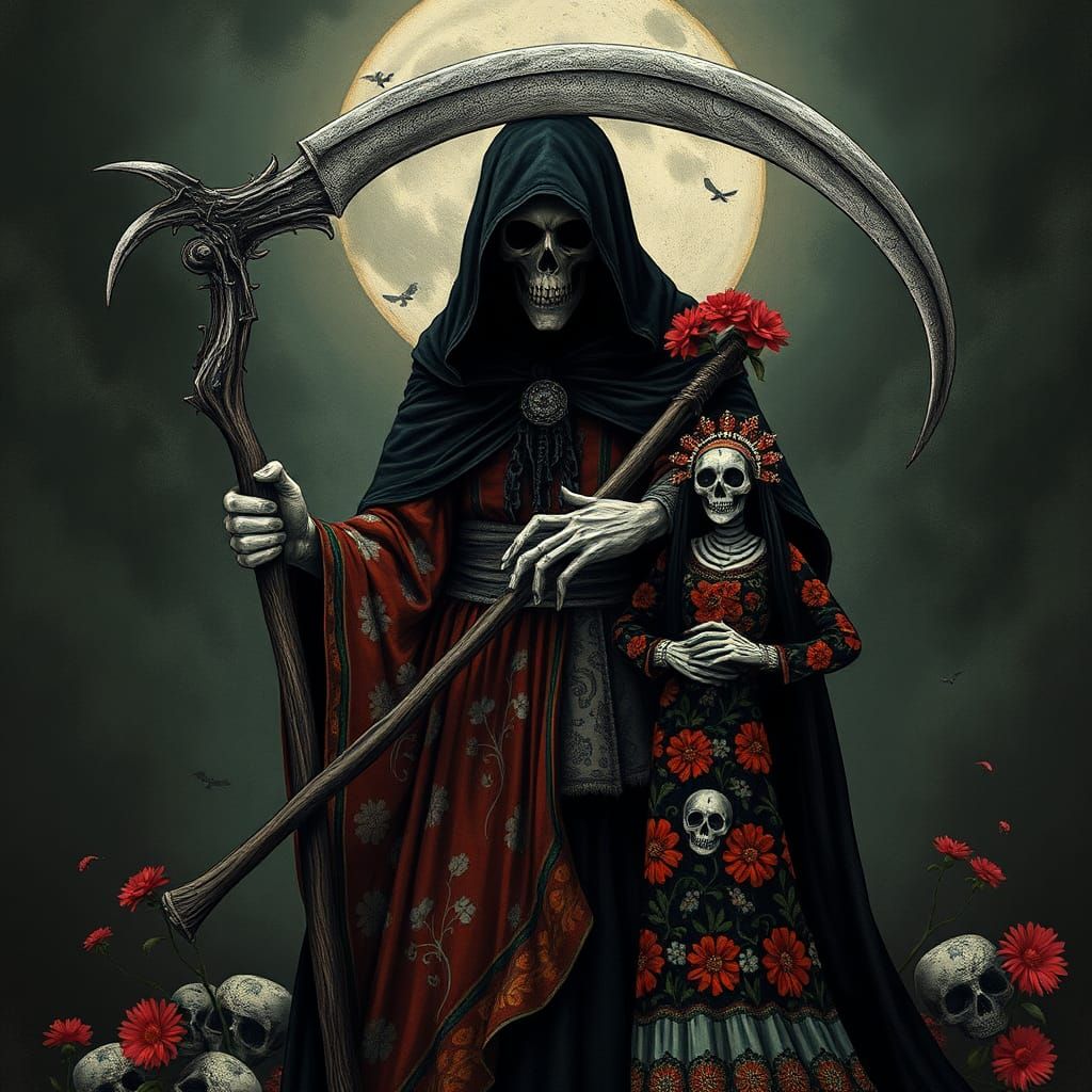 A regal, dark-robed figure wielding a scythe, representing v...