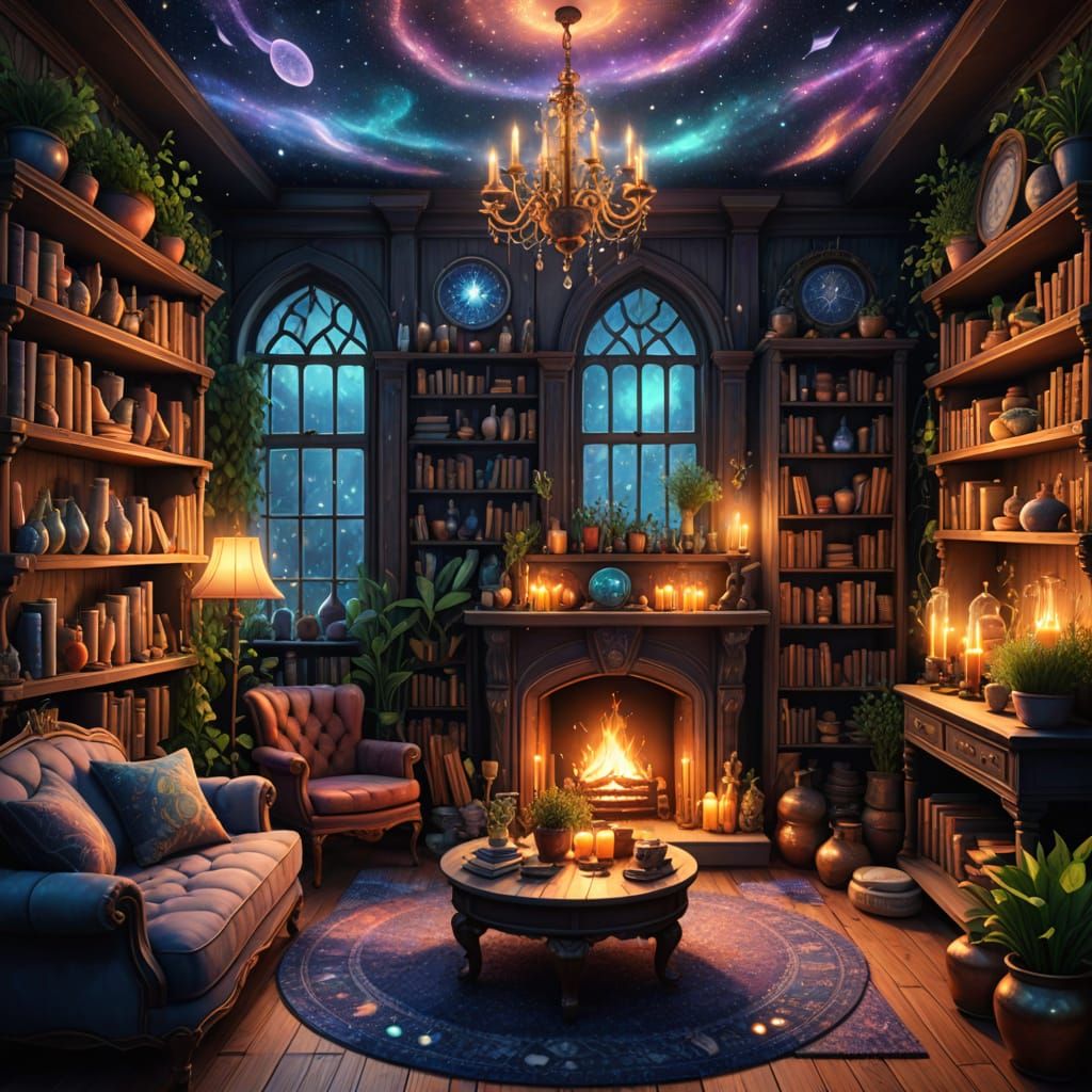 Cozy Herbalist Home Interior in Astral Illustration Style