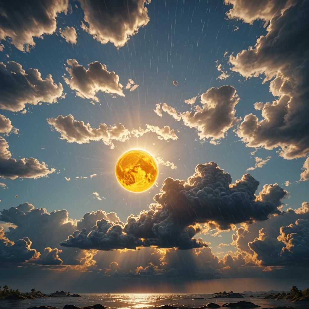 Ultra Realistic Yellow Sun with Rain Clouds