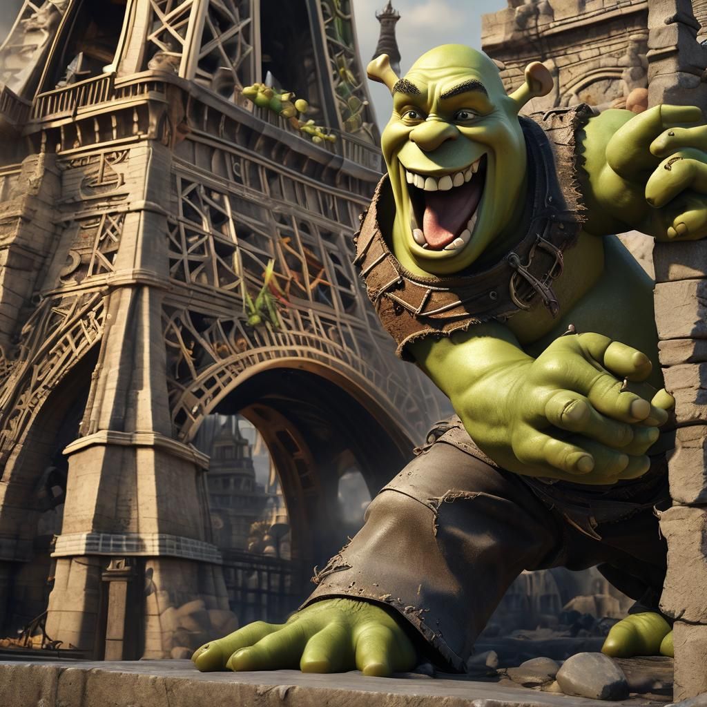 Shrek Destroys Eiffel Tower: Hyper-Realistic Concept Art