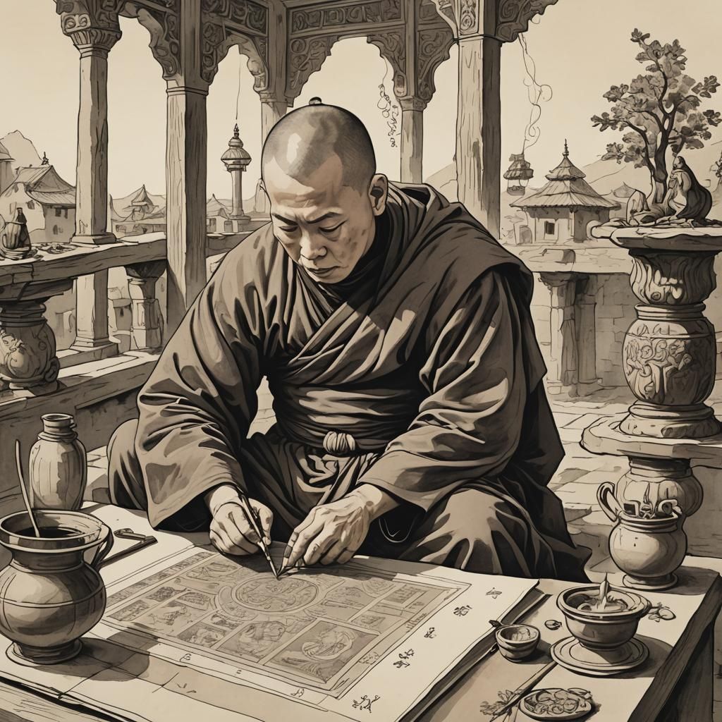 Monk Creates Holy Scripture Illustration