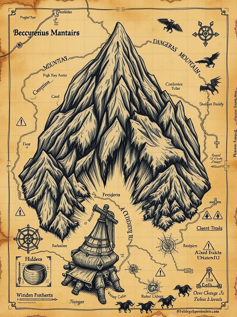 Fantasy World Map to Dangerous Mountain Treasure