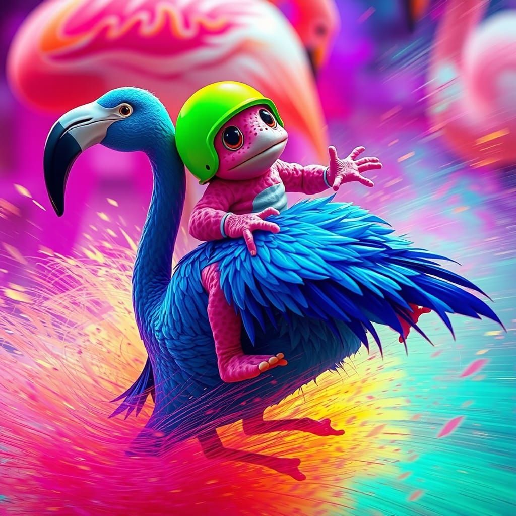 Pink Toad Rides Flamingo in Fluorescent Whirlwind