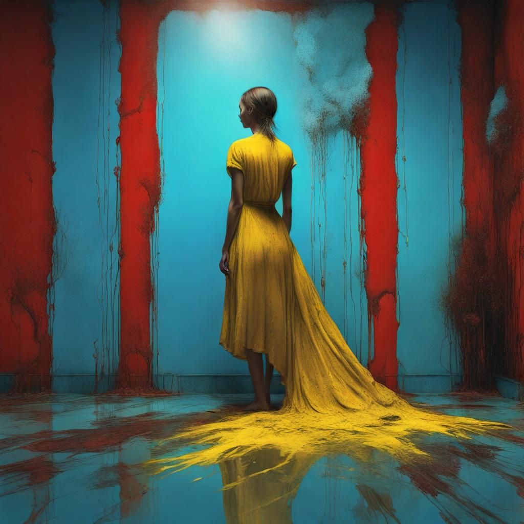 Woman in Yellow Dress, Beksinski-Style Hyperrealistic Art