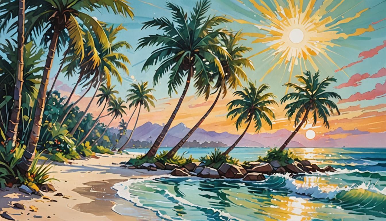 Dreamlike Palm Trees in Whimsical Gouache Painting