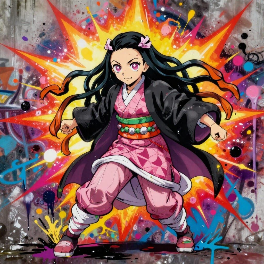 Nezuko Kamado Graffiti Art with Colorful Spray Paint