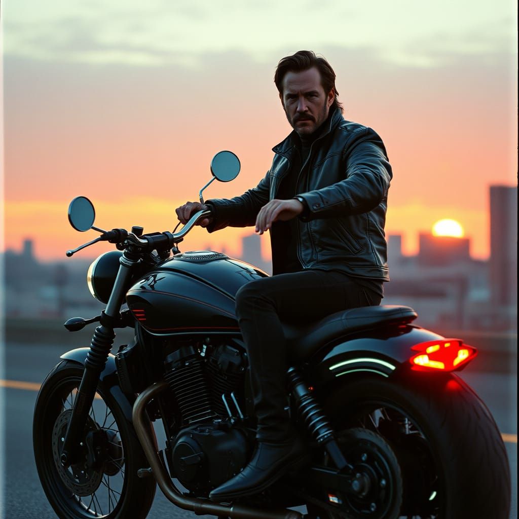 Actor Keanu Reeves Rides a Futuristic Motorcycle in a Dystop...