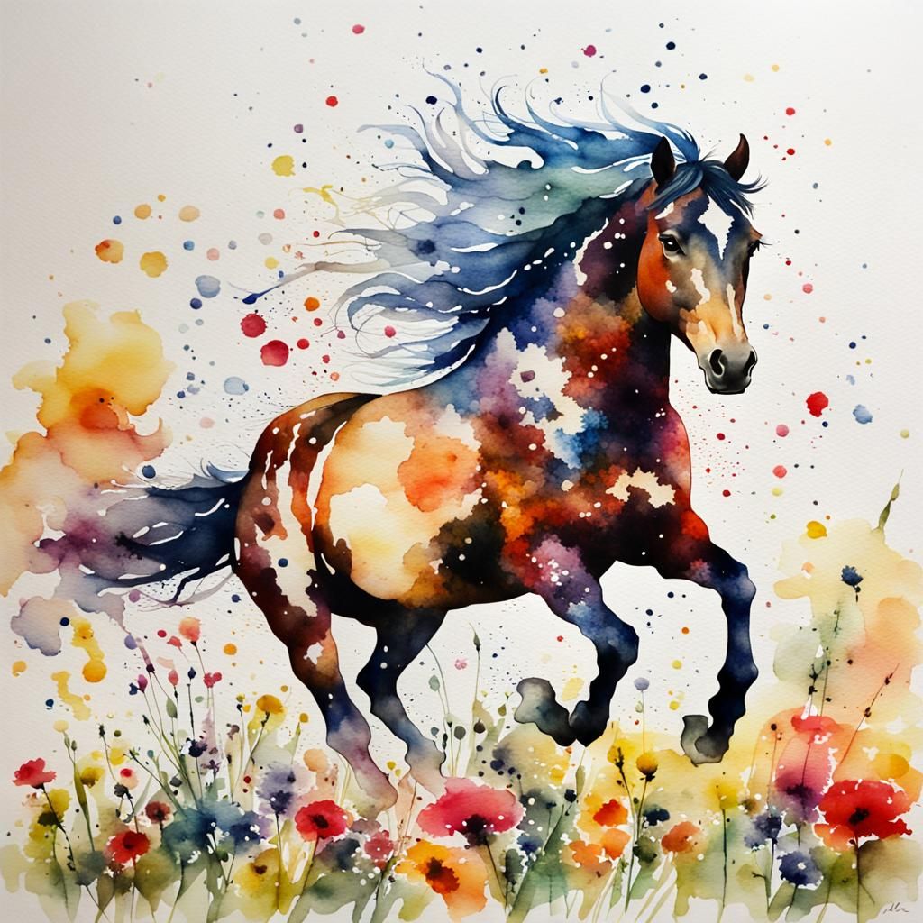 Majestic Stallion Galloping: Watercolour Splash Art