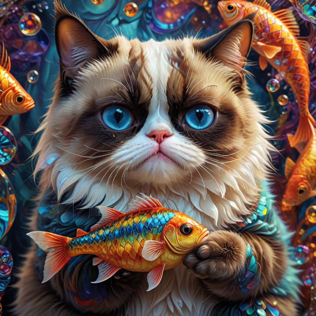 Lovely Grumpy cat loving a fish. Fractal