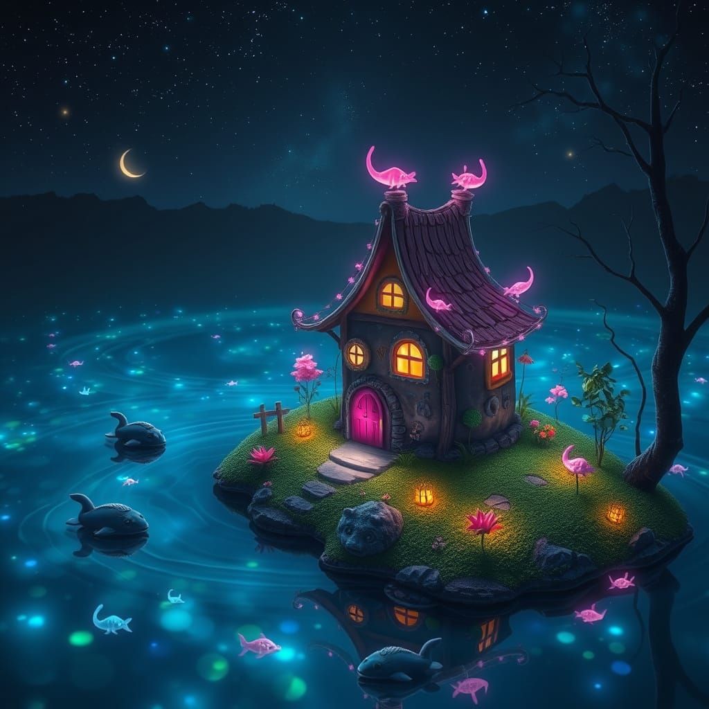 Whimsical Axolotl Abode in Glowing Lake