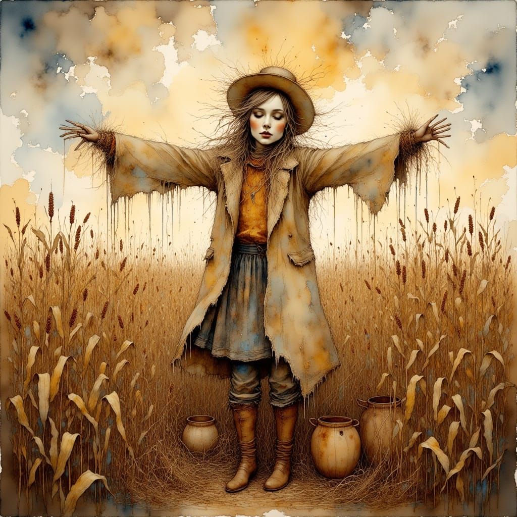Scarecrow in Cornfield in Style of Sylvia Zet