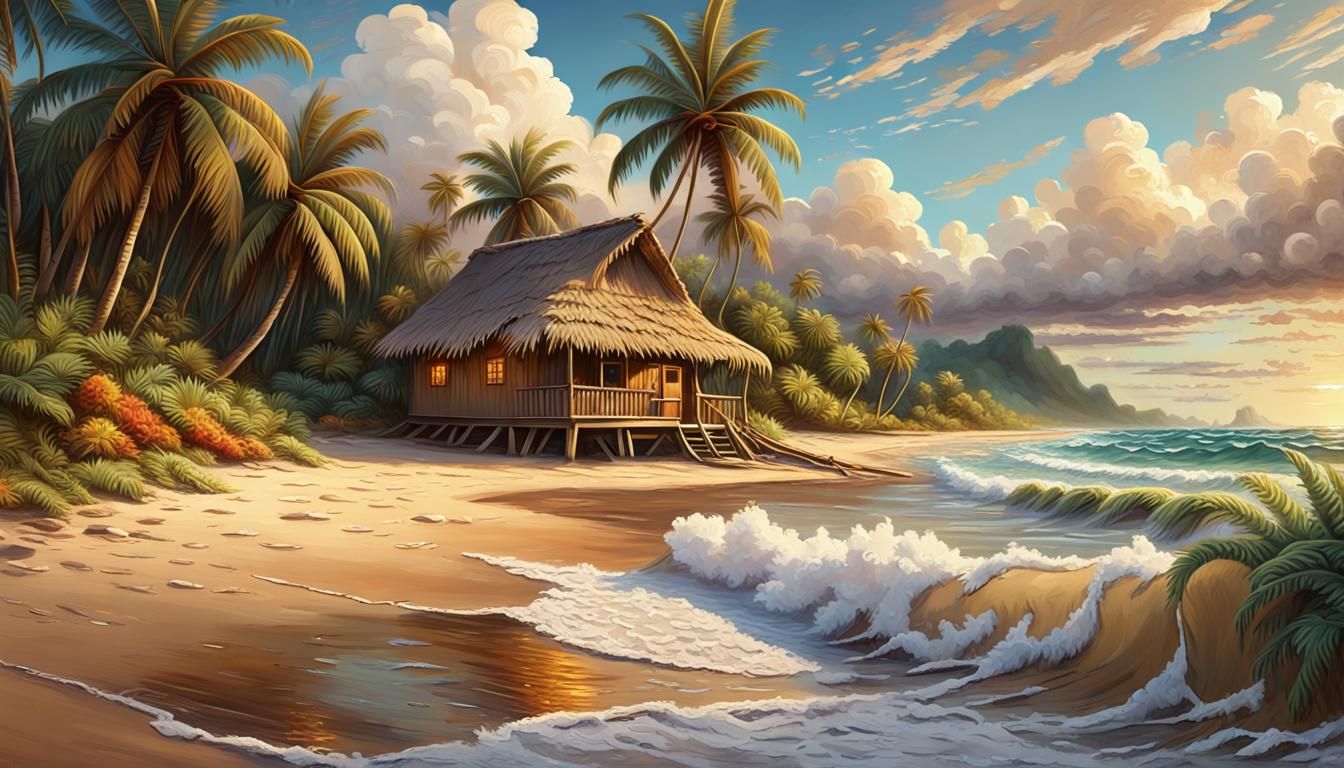 Tropical Island at Golden Hour in Impressionistic Oil