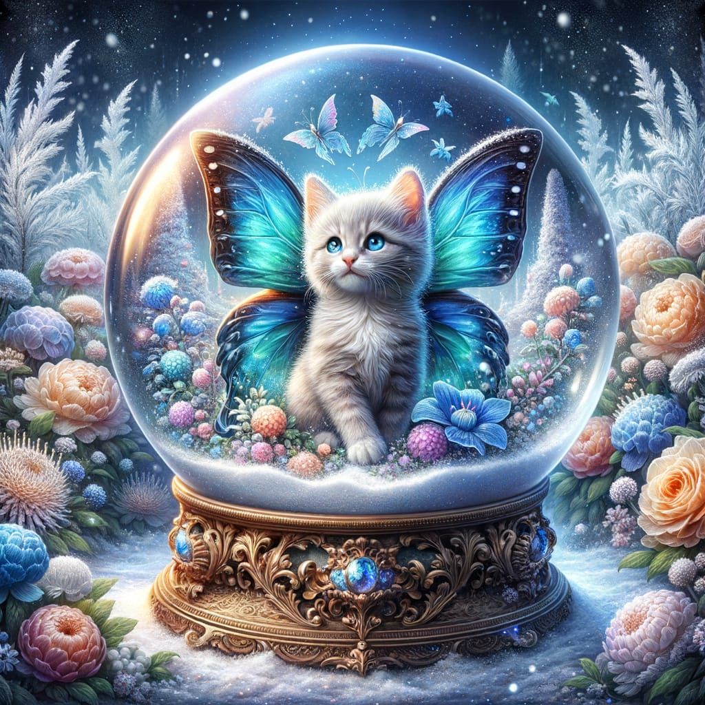 Fairy Kitten with Butterfly Wings in Crystal Snow Globe