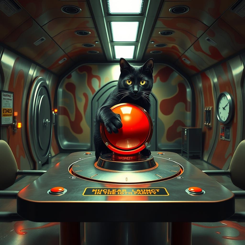 Surrealist Cat Teases Fate in Eerie Nuclear Bunker