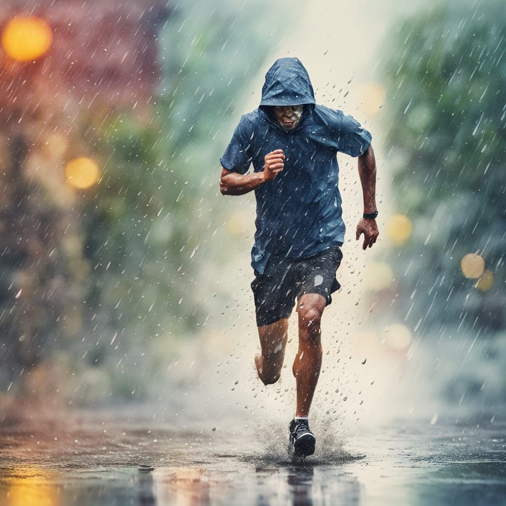 Person Runs in Summer Rain, Watercolor Style