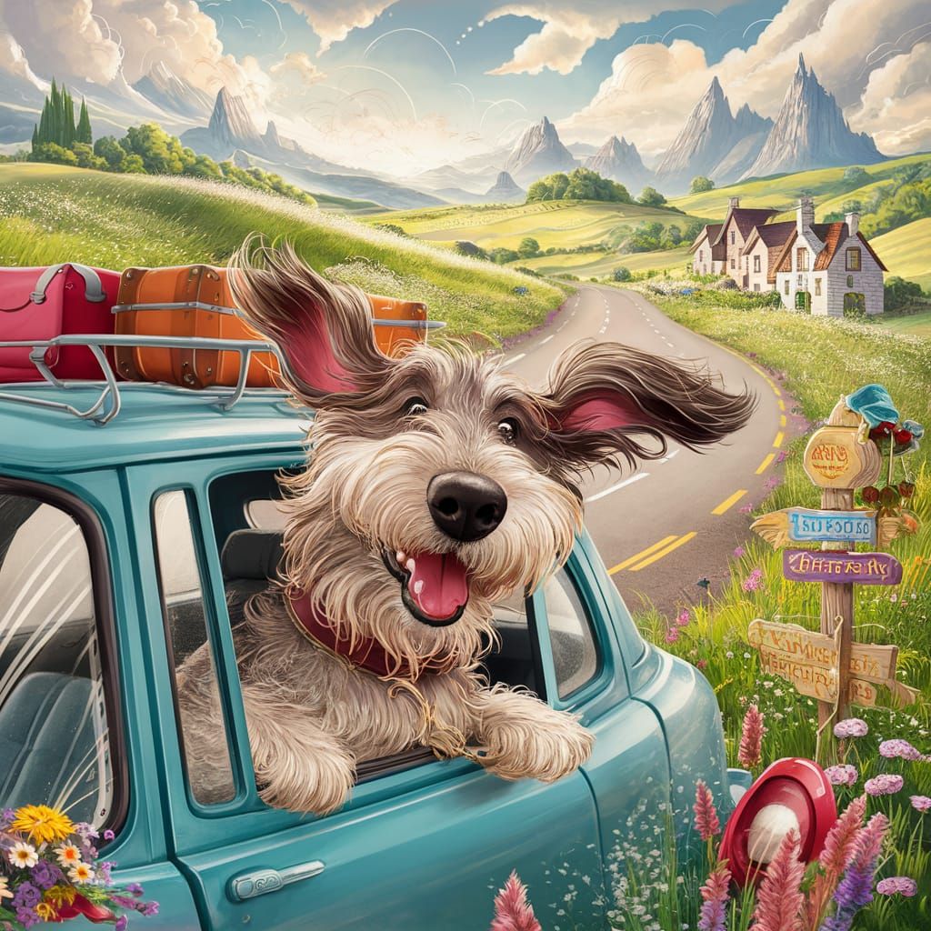 Dog's Joyful Road Trip Adventure in the Countryside