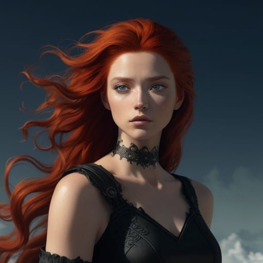 Redhead Woman Poses with Windswept Hair in Digital Painting